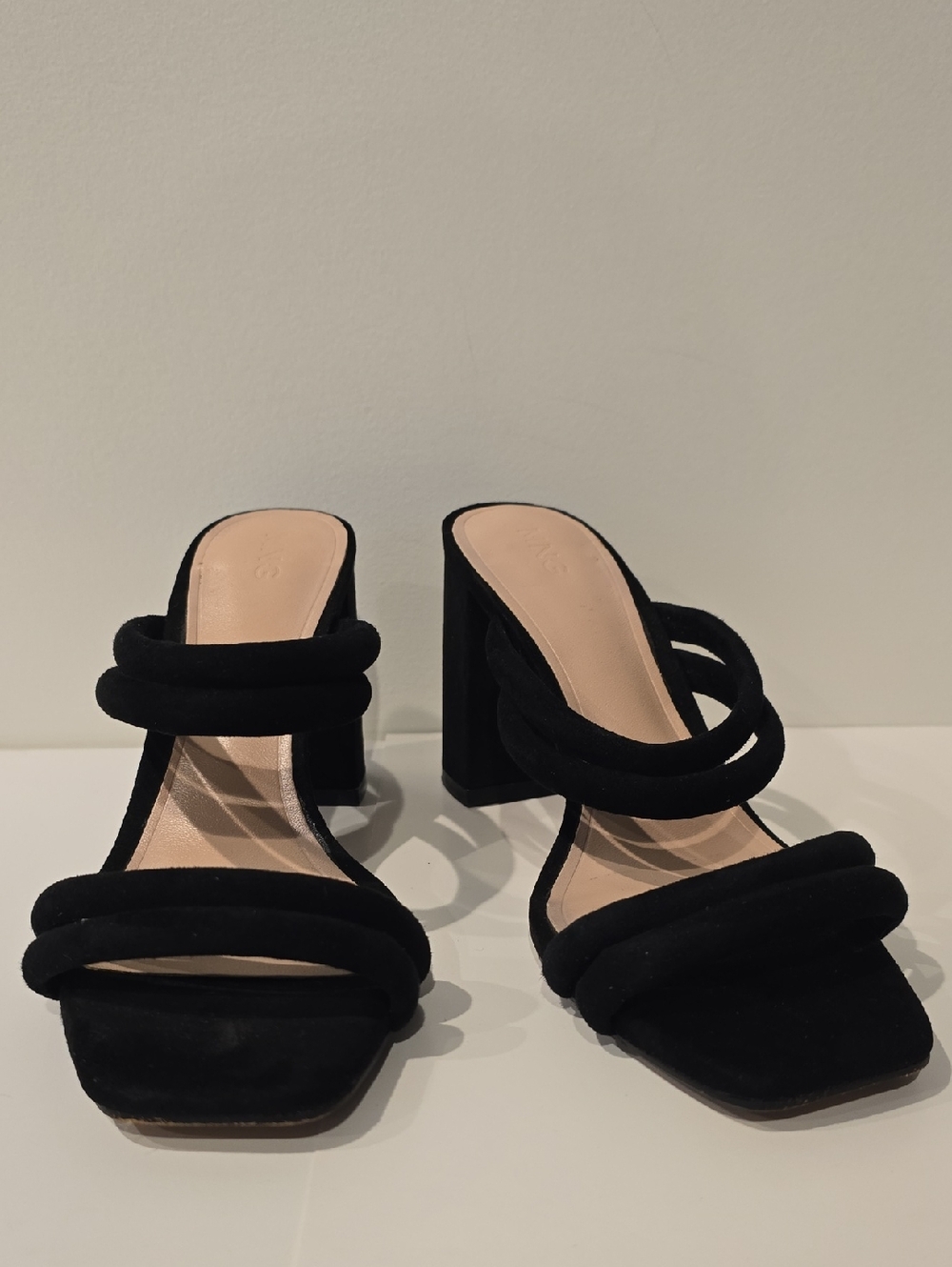 Mango Women's Black Suede Strappy Square-Toe Block Heel Sandals - Size 6.5